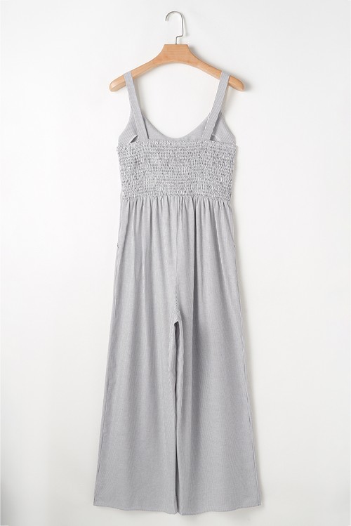 Black Stripe Half Buttoned Sleeveless Wide Leg Jumpsuit