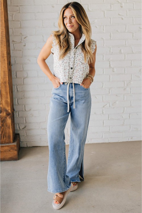 Myosotis Slit Leg High Rise Drawstring Casual Jeans