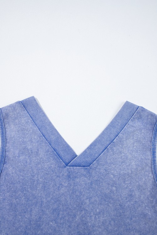 Sky Blue Mineral Wash Pocketed Sleeveless V Neck Loose Romper