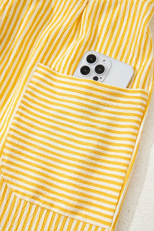 Yellow Stripe Shoulder Tie Smocked Back Wide Leg Casual Romper