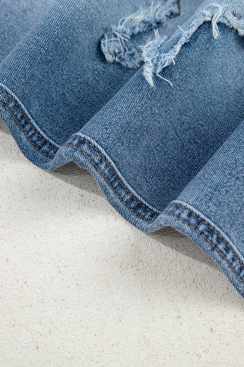 Stone Blue Star Patchwork Cropped Wide Leg High Waist Jeans