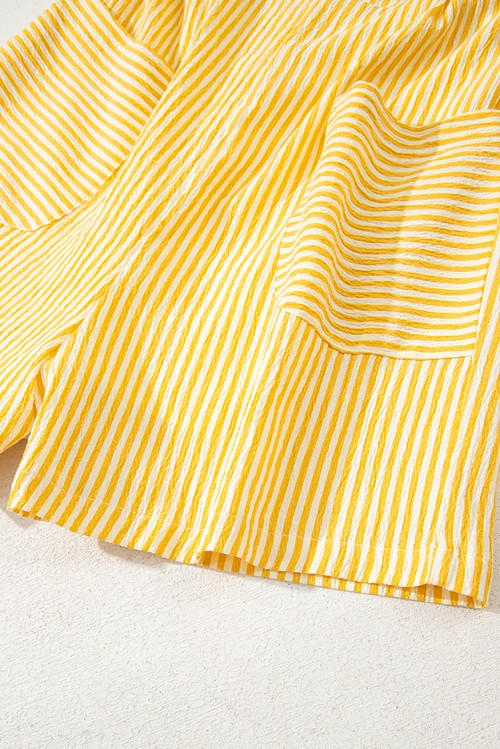 Yellow Stripe Shoulder Tie Smocked Back Wide Leg Casual Romper