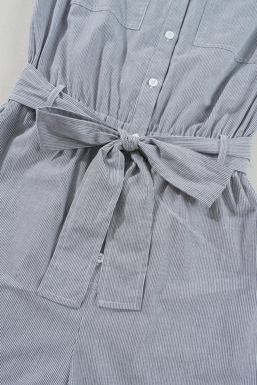 Blue Stripe Chest Pockets Buttoned Belted High Waist Romper