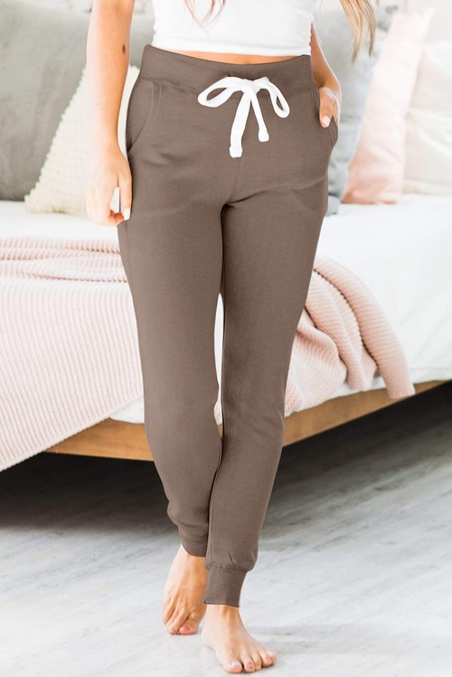 Dark Brown Drawstring Elastic Waistband Pocketed Joggers