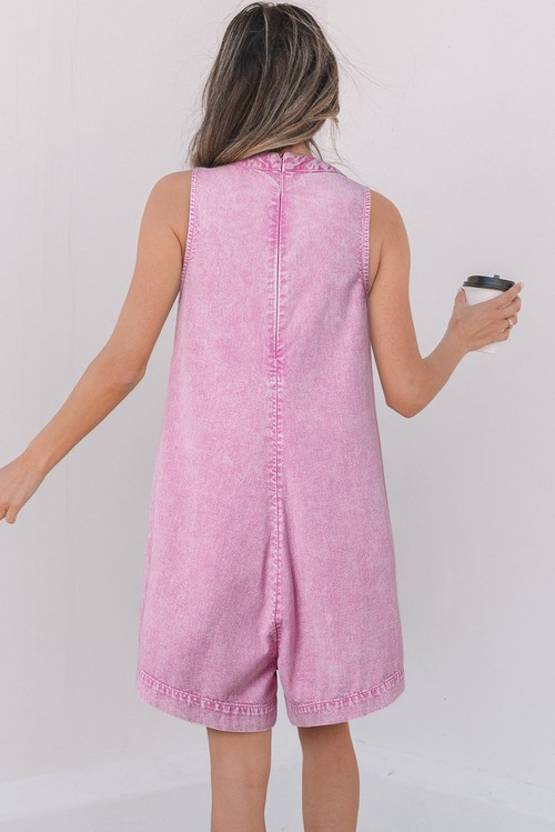 Bonbon Mineral Wash Pleated Bust V Neck Sleeveless Denim Romper